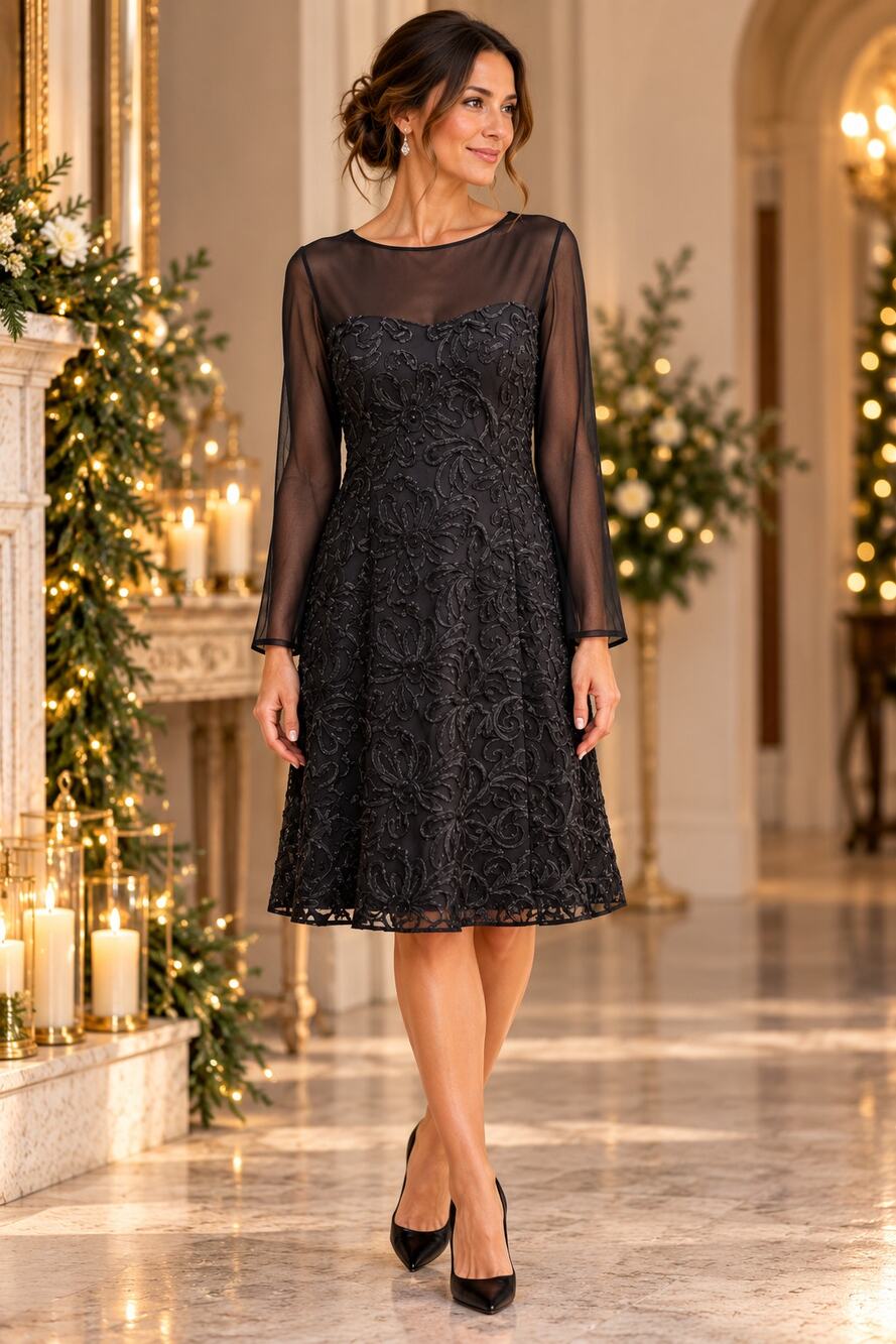 Jessica Howard Dress Black SZ12 Floral Lace Sheer Sleeve Cocktail Holiday Party